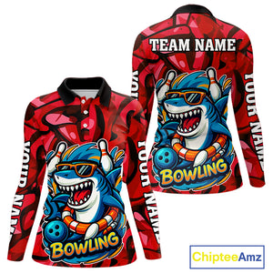 Funny Red Camo Shark Women Bowling Polo, Quarter Zip Shirts Custom Team Shark Bowling Outfit Jersey NQS10076