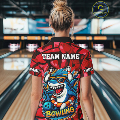 Funny Red Camo Shark Women Bowling Polo, Quarter Zip Shirts Custom Team Shark Bowling Outfit Jersey NQS10076