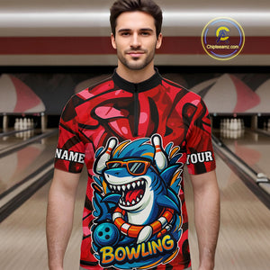 Funny Red Camo Shark Men Bowling Polo, Quarter Zip Shirts Custom Team Shark Bowling Outfit Jersey NQS10076