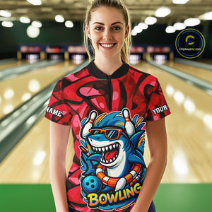 Funny Red Camo Shark Women Bowling Polo, Quarter Zip Shirts Custom Team Shark Bowling Outfit Jersey NQS10076