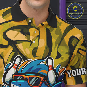 Funny Yellow Camo Shark Men Bowling Polo, Quarter Zip Shirts Custom Team Shark Bowling Outfit Jersey NQS10077