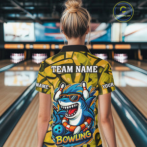 Funny Yellow Camo Shark Women Bowling Polo, Quarter Zip Shirt Custom Team Shark Bowling Outfit Jersey NQS10077