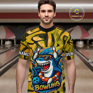 Funny Yellow Camo Shark Men Bowling Polo, Quarter Zip Shirts Custom Team Shark Bowling Outfit Jersey NQS10077