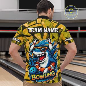 Funny Yellow Camo Shark Men Bowling Polo, Quarter Zip Shirts Custom Team Shark Bowling Outfit Jersey NQS10077