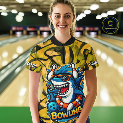 Funny Yellow Camo Shark Women Bowling Polo, Quarter Zip Shirt Custom Team Shark Bowling Outfit Jersey NQS10077