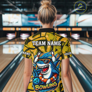 Funny Yellow Camo Shark Women Bowling Polo, Quarter Zip Shirt Custom Team Shark Bowling Outfit Jersey NQS10077