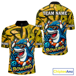 Funny Yellow Camo Shark Men Bowling Polo, Quarter Zip Shirts Custom Team Shark Bowling Outfit Jersey NQS10077