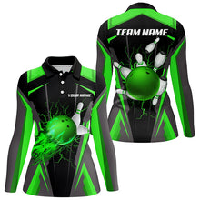 Load image into Gallery viewer, Personalized Women Bowling Shirt Flame Bowling Ball and Pins, bowling jersey for ladies bowler | Green NQS7998