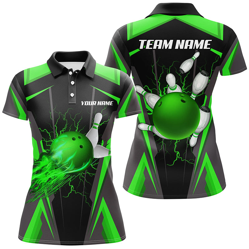 Personalized Women Bowling Shirt Flame Bowling Ball and Pins, bowling jersey for ladies bowler | Green NQS7998