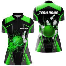 Load image into Gallery viewer, Personalized Women Bowling Shirt Flame Bowling Ball and Pins, bowling jersey for ladies bowler | Green NQS7998