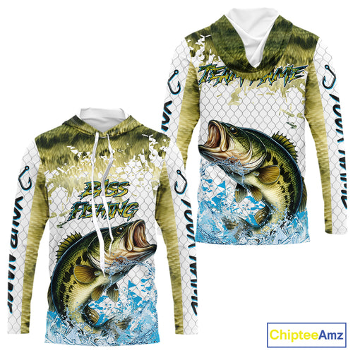 Largemouth bass fishing green scales UV protection custom hooded sun shirt, Bass fishing jerseys NQS10229