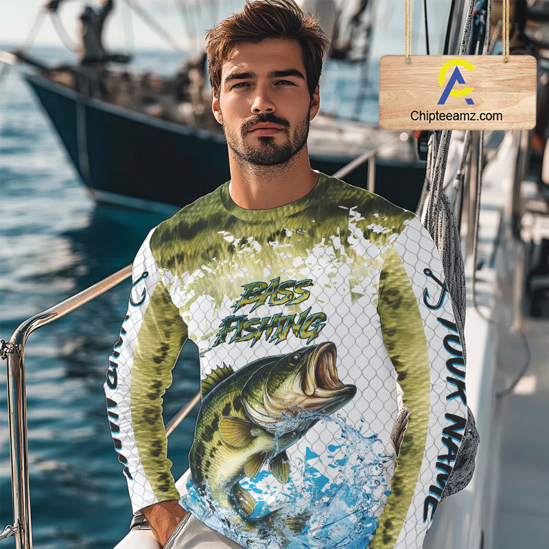 Largemouth bass fishing green scales UV protection custom hooded sun shirt, Bass fishing jerseys NQS10229