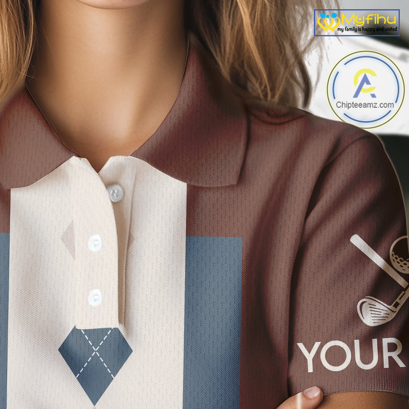 Brown Argyle Pattern Women Golf Polo Shirts Custom Vintage Style For Golf Lovers Gift For Ladies NQS10233