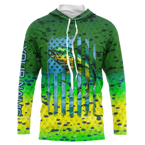 Mahi mahi ( Dorado) fishing American flag green mahi mahi scales Customized Long Sleeve Fishing Shirts NQS2182