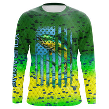 Load image into Gallery viewer, Mahi mahi ( Dorado) fishing American flag green mahi mahi scales Customized Long Sleeve Fishing Shirts NQS2182