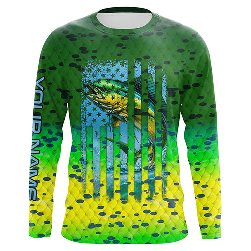 Mahi mahi ( Dorado) fishing American flag green mahi mahi scales Customized Long Sleeve Fishing Shirts NQS2182