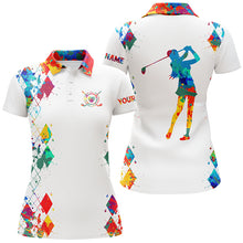 Load image into Gallery viewer, Womens golf polo shirt watercolor custom name white golf shirt, golfing gifts NQS3707