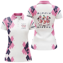 Load image into Gallery viewer, Womens golf polo shirts custom name pink argyle pattern birdie queen white golf outfit for women NQS6096