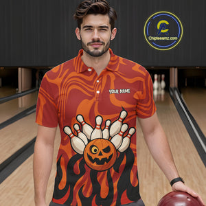 Orange camo flame Bowling polo, quarter zip shirts for men custom Halloween Bowling team jerseys NQS10395