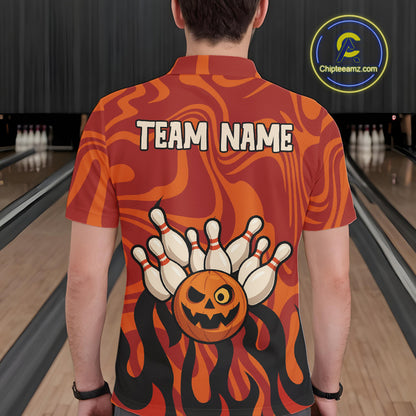 Orange camo flame Bowling polo, quarter zip shirts for men custom Halloween Bowling team jerseys NQS10395
