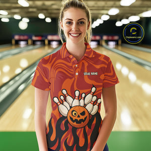 Orange camo flame Bowling polo, quarter zip shirts for Women custom Halloween Bowling team jerseys NQS10395