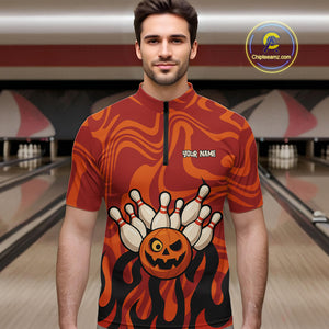 Orange camo flame Bowling polo, quarter zip shirts for men custom Halloween Bowling team jerseys NQS10395