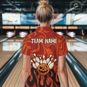 Orange camo flame Bowling polo, quarter zip shirts for Women custom Halloween Bowling team jerseys NQS10395