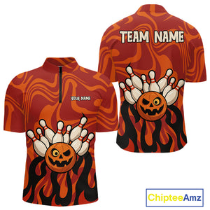 Orange camo flame Bowling polo, quarter zip shirts for men custom Halloween Bowling team jerseys NQS10395
