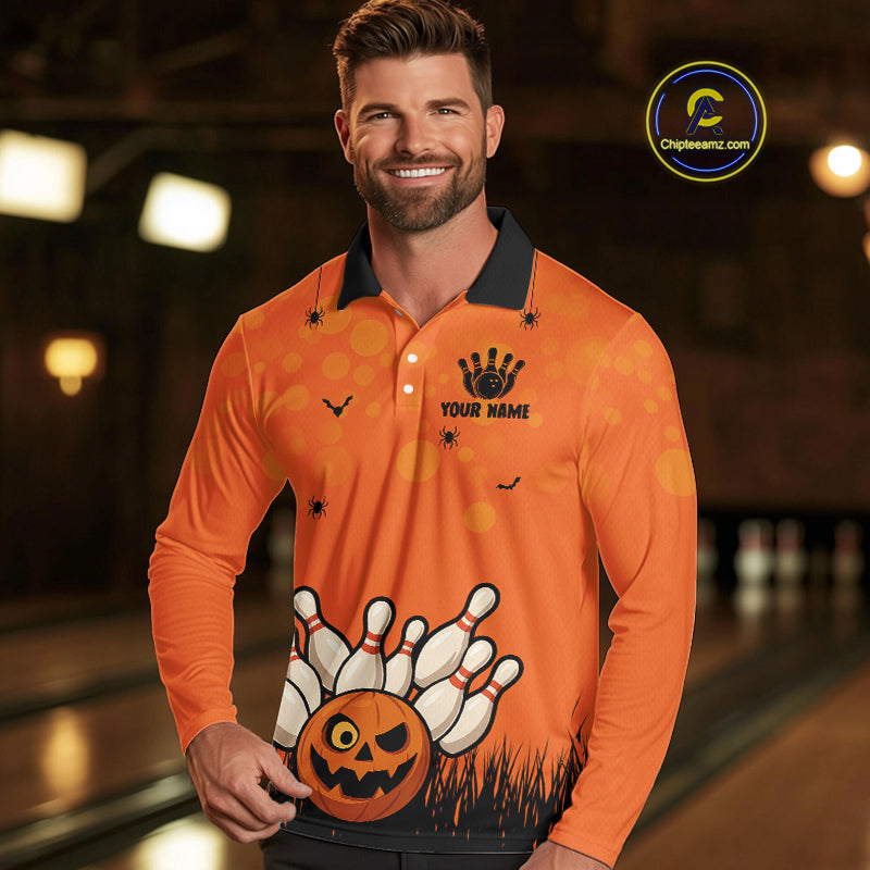 Custom Funny orange Bowling Team Shirt Halloween Polo & Quarter-Zip Bowling Jersey for Men NQS10396