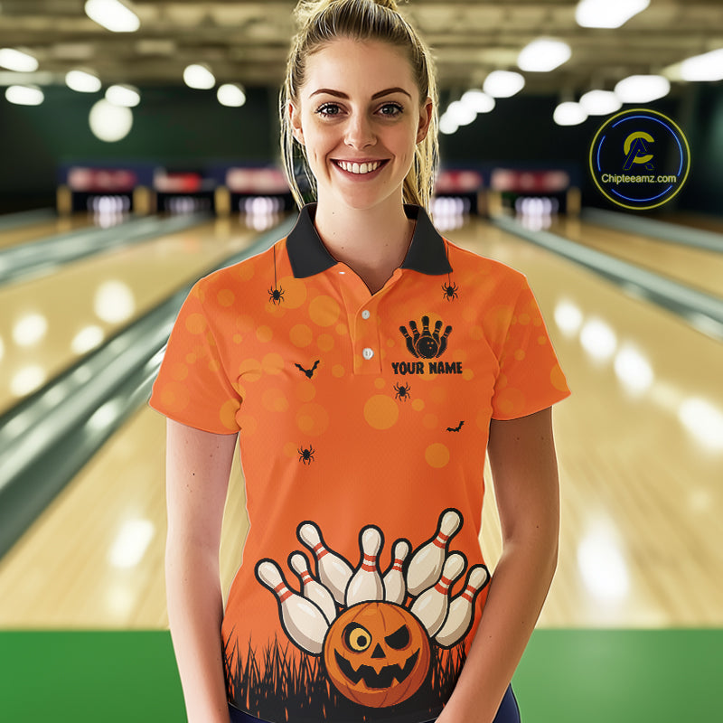 Custom Funny orange Bowling Team Shirt Halloween Polo & Quarter-Zip Bowling Jersey for Women NQS10396