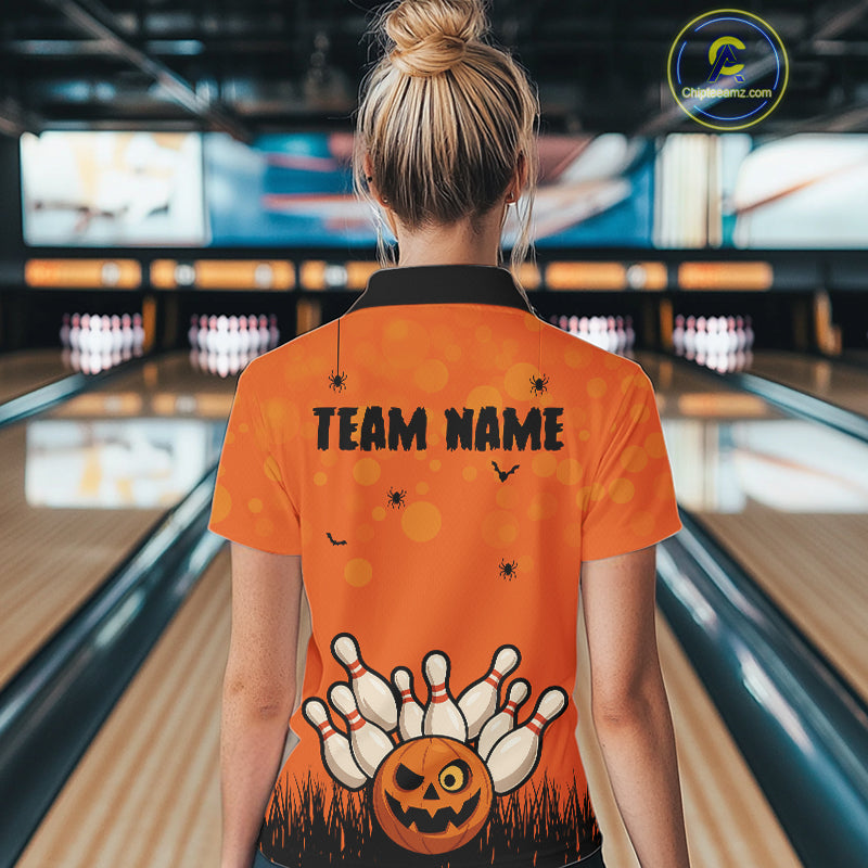 Custom Funny orange Bowling Team Shirt Halloween Polo & Quarter-Zip Bowling Jersey for Women NQS10396