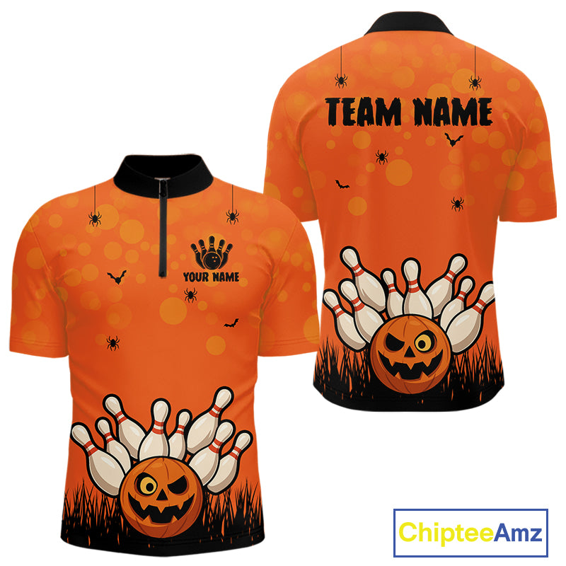 Custom Funny orange Bowling Team Shirt Halloween Polo & Quarter-Zip Bowling Jersey for Men NQS10396