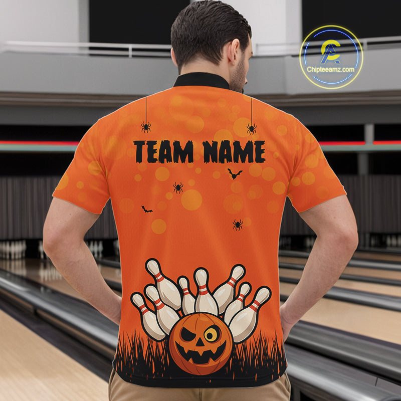 Custom Funny orange Bowling Team Shirt Halloween Polo & Quarter-Zip Bowling Jersey for Men NQS10396
