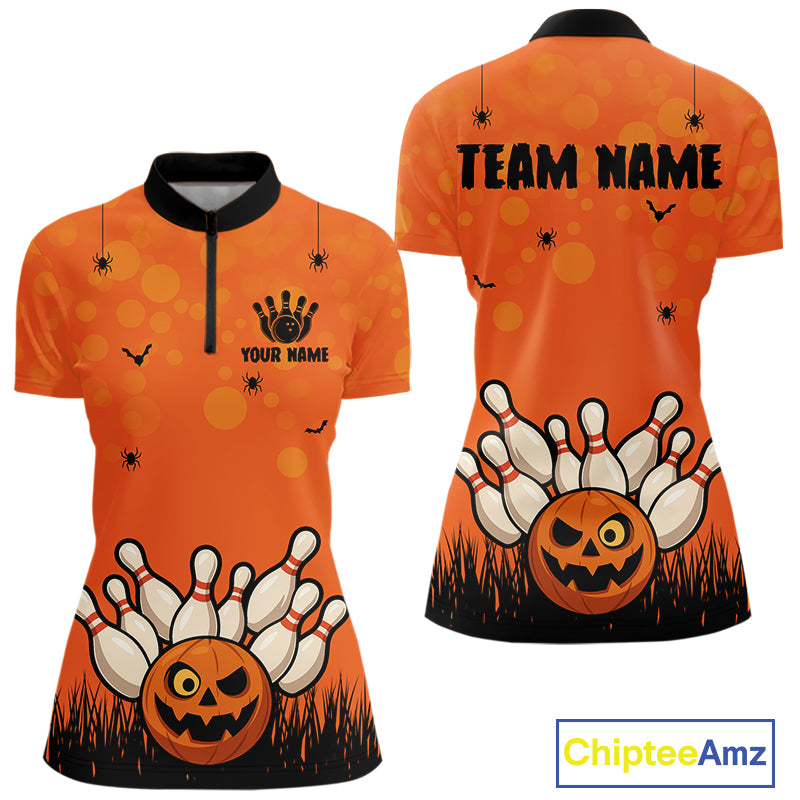 Custom Funny orange Bowling Team Shirt Halloween Polo & Quarter-Zip Bowling Jersey for Women NQS10396