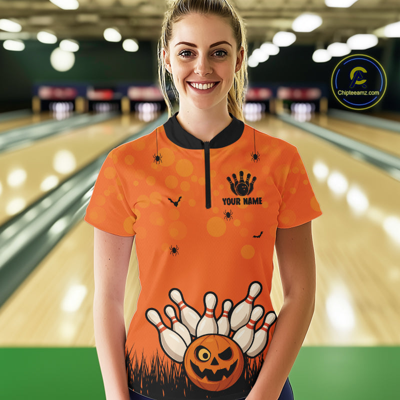 Custom Funny orange Bowling Team Shirt Halloween Polo & Quarter-Zip Bowling Jersey for Women NQS10396