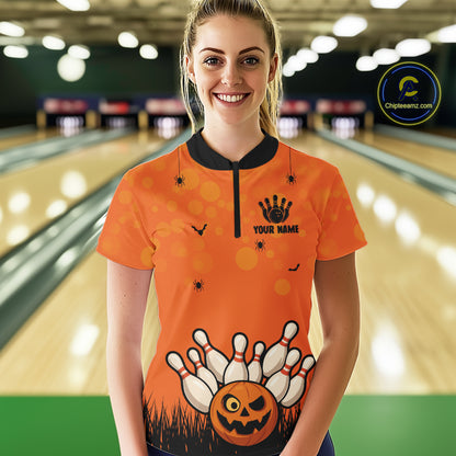 Custom Funny orange Bowling Team Shirt Halloween Polo & Quarter-Zip Bowling Jersey for Women NQS10396
