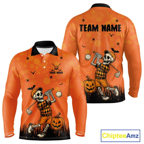 Custom Funny orange Golf skull Halloween Mens golf polo shirt, Personalized Halloween golf outfit NQS10397