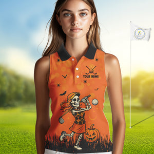 Custom Funny orange Golf skull Halloween Women Sleeveless Polos , Personalized Halloween golf outfit NQS10397