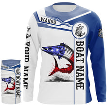 Load image into Gallery viewer, Wahoo Fishing American Flag Custom name and boat name performance Patriotic Long Sleeve Fishing Shirts NQS2338