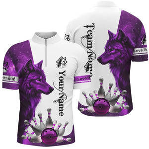 Purple Galaxy Wolf Bowling Polo, Quarter Zip Shirts For Men Custom Bowling Team League Jerseys NQS8644