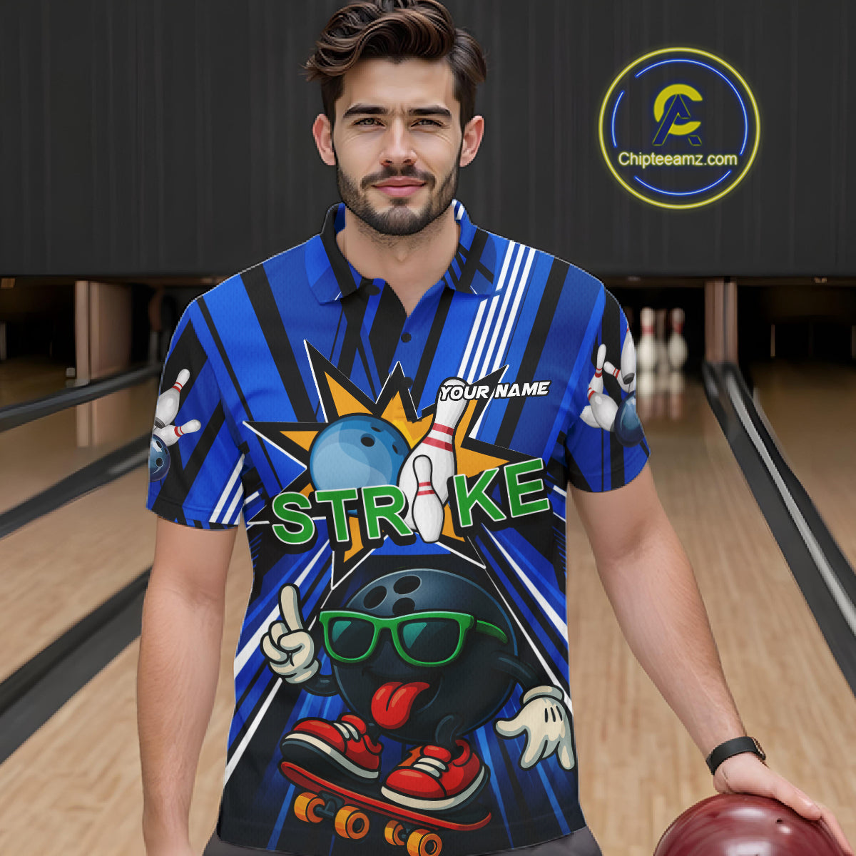 Blue Strikes Funny Bowling Ball Polo Quarter-Zip Shirt For Men Custom Bowling Team Jersey NYN4204