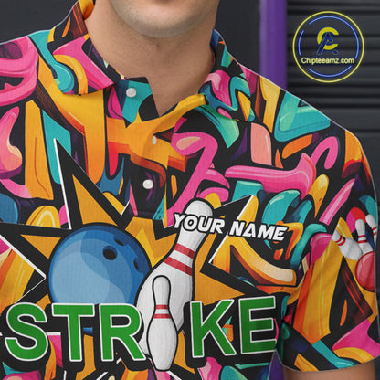 Funny colorful graffiti pattern Bowling Team Polo, 1/4 Zip Shirt For Men Custom Mens Bowling Jersey NQS10823