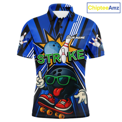 Blue Strikes Funny Bowling Ball Polo Quarter-Zip Shirt For Men Custom Bowling Team Jersey NYN4204