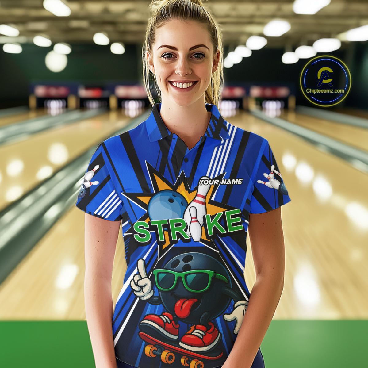 Blue Strikes Funny Bowling Ball Polo Quarter-Zip Shirt For Women Custom Bowling Team Jersey NYN4204