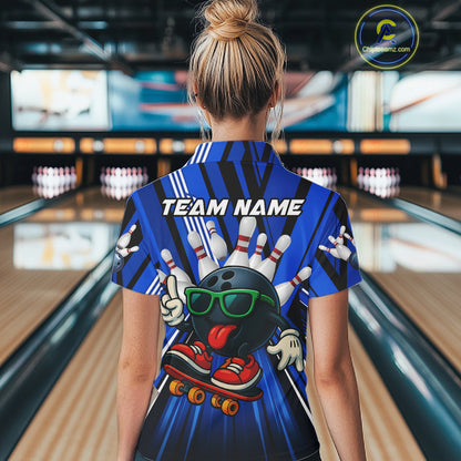 Blue Strikes Funny Bowling Ball Polo Quarter-Zip Shirt For Women Custom Bowling Team Jersey NYN4204