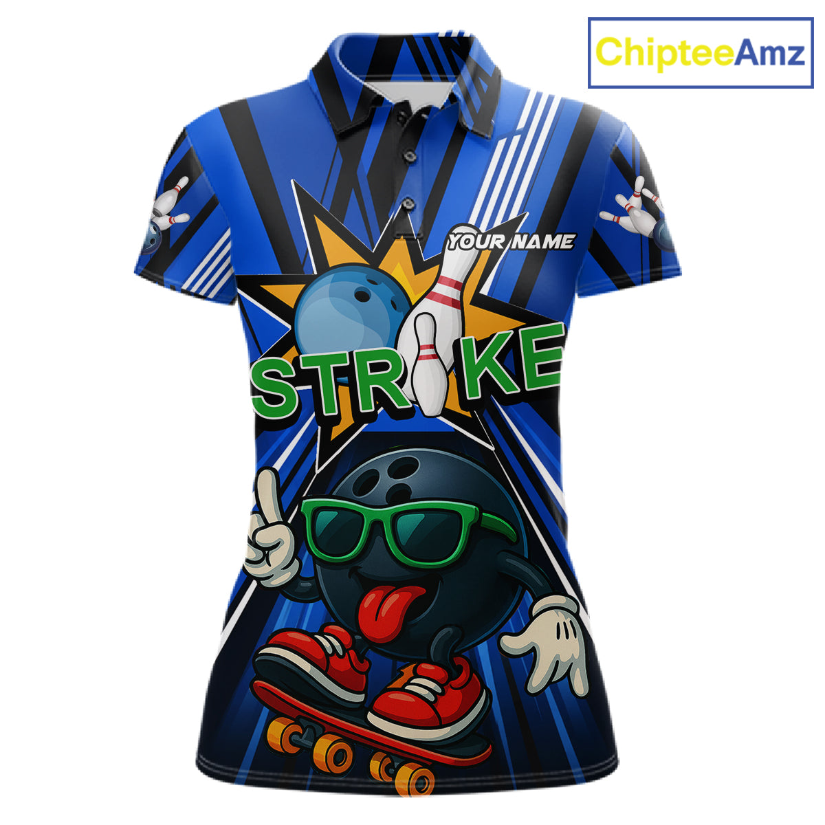 Blue Strikes Funny Bowling Ball Polo Quarter-Zip Shirt For Women Custom Bowling Team Jersey NYN4204