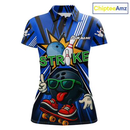 Blue Strikes Funny Bowling Ball Polo Quarter-Zip Shirt For Women Custom Bowling Team Jersey NYN4204