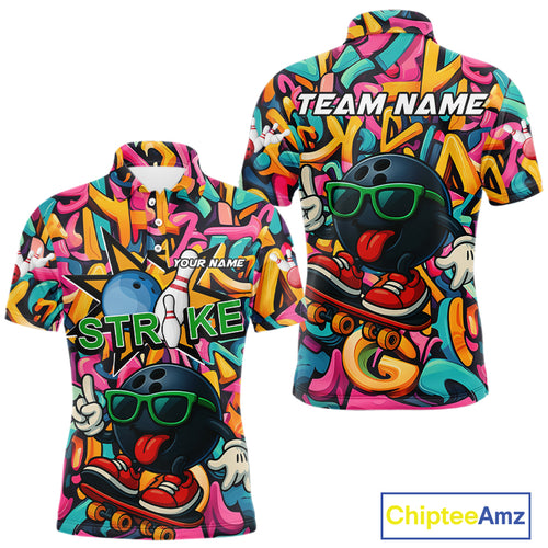 Funny colorful graffiti pattern Bowling Team Polo, 1/4 Zip Shirt For Men Custom Mens Bowling Jersey NQS10823