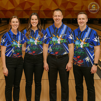 Blue Strikes Funny Bowling Ball Polo Quarter-Zip Shirt For Men Custom Bowling Team Jersey NYN4204