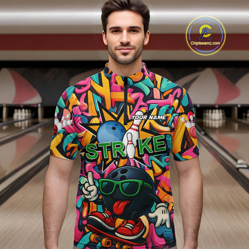Funny colorful graffiti pattern Bowling Team Polo, 1/4 Zip Shirt For Men Custom Mens Bowling Jersey NQS10823